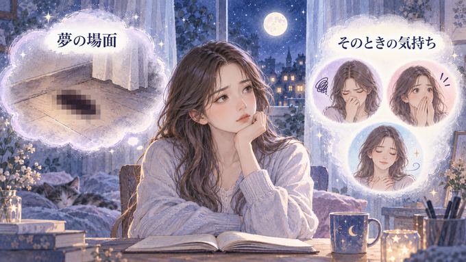夢の場面とそのときの気持ちを分けて振り返る女性の図