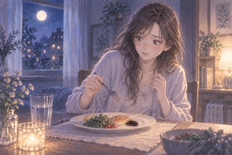 夜の食卓で皿の上のモザイクの気配に気づいて手を止める人物の夢