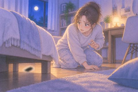 夜の自室でベッド近くのモザイクの気配を探す人物の夢