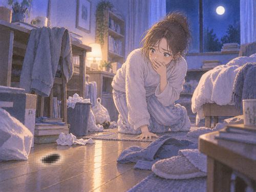 散らかった夜の部屋とモザイクでぼかされたゴキブリの気配の夢