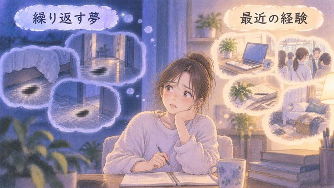 繰り返すゴキブリの夢と最近の出来事を振り返る女性の図