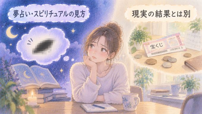 ゴキブリの夢の象徴と現実の宝くじの結果を別々に見つめる女性の図