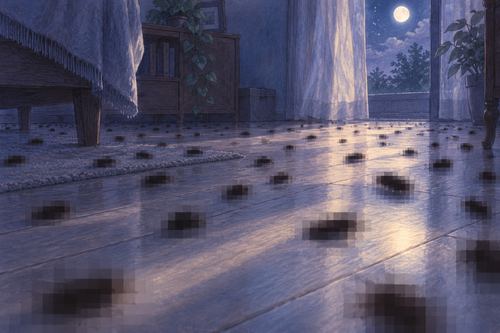 夜の床に多数のモザイクでぼかされた暗い気配が広がる夢