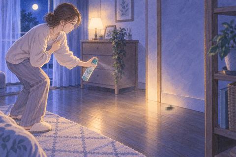 夜の部屋で離れた場所から殺虫剤を構える人物とモザイクの気配