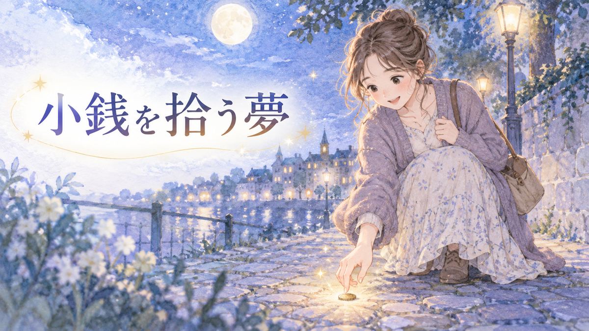 月明かりの道で光る小銭を拾う大人の女性