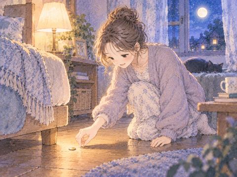 夜の部屋で床の小銭を拾う人物