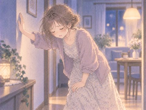 ふらついて壁に手をつく女性