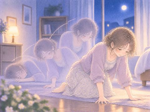 立ち上がろうとする女性と重なる淡い残像