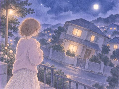 傾き始めた家を離れて見つめる女性