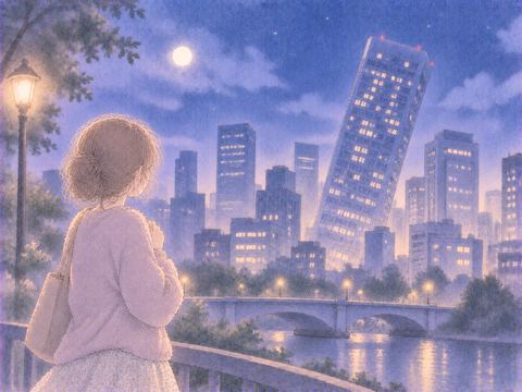 遠くで傾く高層ビルを見つめる女性