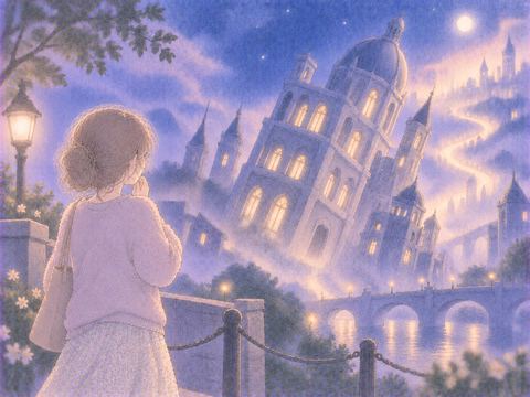 見知らぬ建物が傾く光景を見る女性