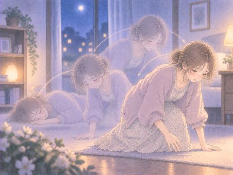 倒れたあと不安そうに身を起こす女性