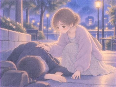 倒れた人のそばで心配そうに寄り添う女性