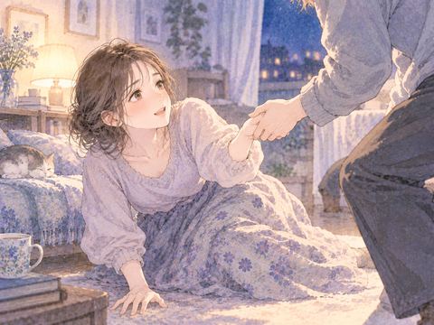 倒れかけた女性へ手を差し伸べる人物