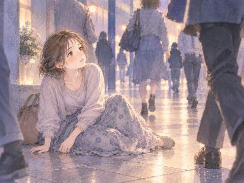 人が通り過ぎる中で座り込む女性