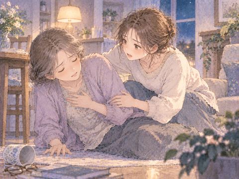 倒れかけた母親へ駆け寄る大人の女性