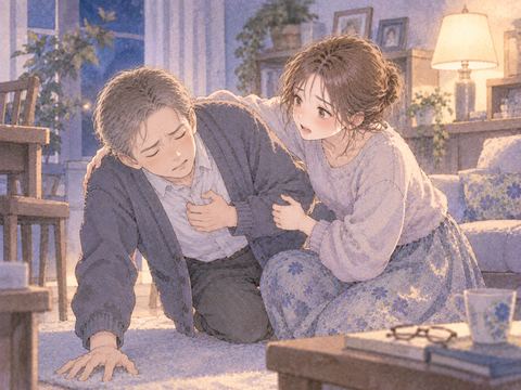 倒れかけた父親を支えようとする女性