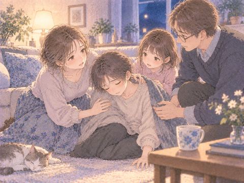 家族が座り込み心配して寄り添う女性