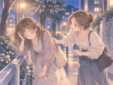 倒れかけた友達へ手を伸ばす女性