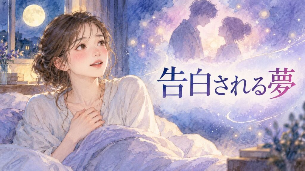 月明かりの窓辺で夢の余韻に頬を染める大人の女性と淡く浮かぶ告白の場面