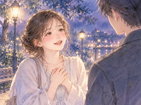 夜の公園で告白を受けて嬉しそうに微笑む女性