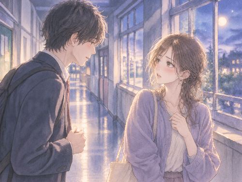 学校を思わせる夜の廊下で同級生から告白される女性