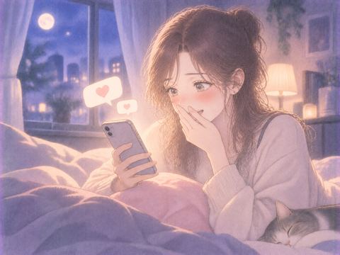 夜の部屋でスマートフォンの告白メッセージを見て驚く女性