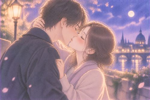 告白のあとに静かにキスを交わす大人の男女