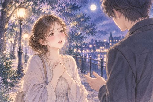 月明かりの道で好きな人から告白されて胸を高鳴らせる女性