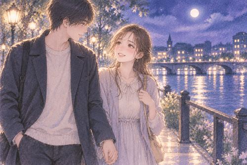 夜の川沿いを並んで歩く恋人になった二人