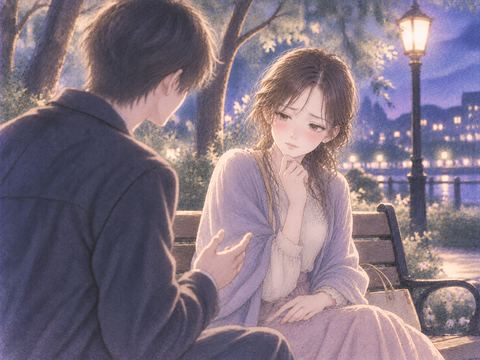 夜のベンチで異性から好意を伝えられ自分の気持ちを確かめる女性