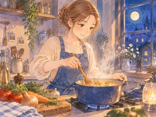 女性が一人で料理を作る夜の台所