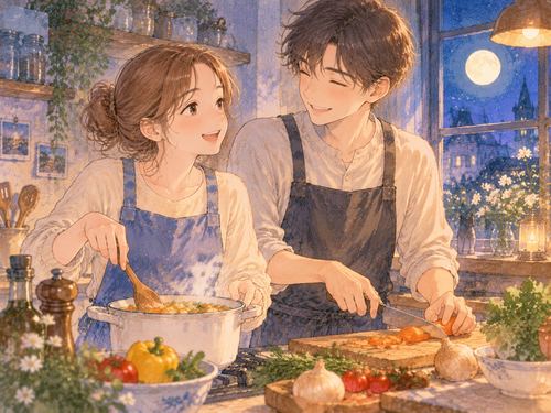 二人で料理を作る温かな台所風景