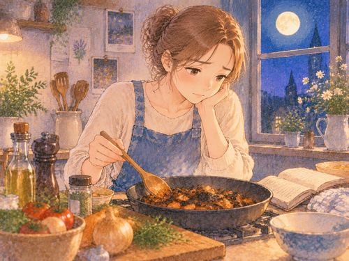 少し焦げた料理を見つめる穏やかな女性