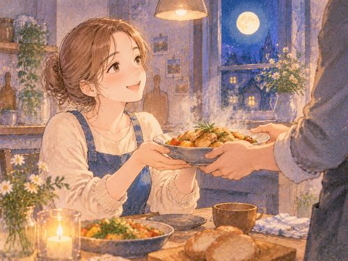誰かから料理を受け取る女性