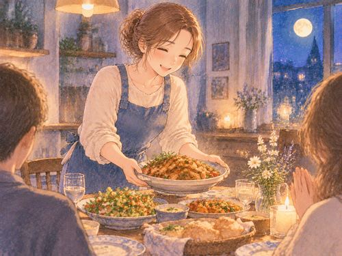 料理を食卓へ運ぶ女性