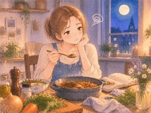 料理を見つめ考える女性と食卓