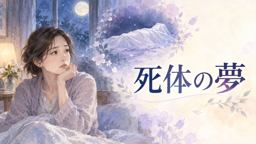 月明かりの部屋で不安そうに夢を振り返る大人の女性と白い布に包まれた人影のような夢のモチーフ