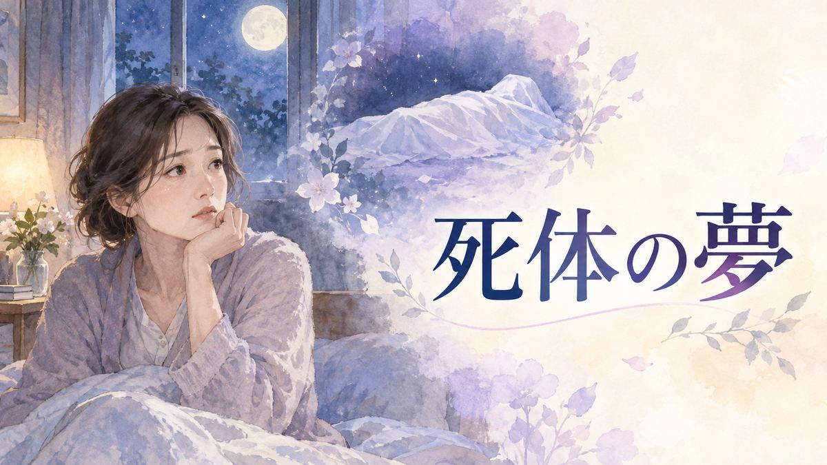 月明かりの部屋で不安そうに夢を振り返る大人の女性と白い布に包まれた人影のような夢のモチーフ