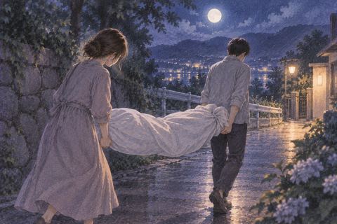 月夜の道で白布に包まれた重い人型のものを二人で運ぶ夢の場面