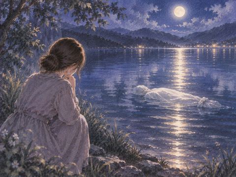 月夜の水面に白布に包まれた人影のような輪郭が静かに浮かぶ夢の場面