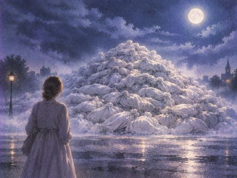 夜の広場に白い布の人型の輪郭が重なって小さな山のように見える夢の場面