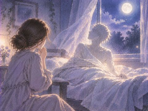 月明かりの中で白布に包まれて横たわっていた人影がゆっくり上体を起こす幻想的な夢の場面