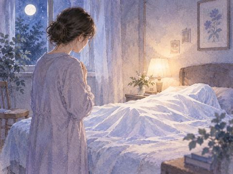 静かな寝室で白い布に包まれた身近な人のそばに立つ人物の夢の場面