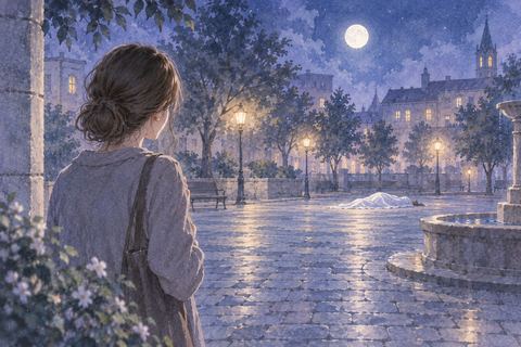 夜の広場で遠くに横たわる白布の人影を静かに見つめる夢の場面