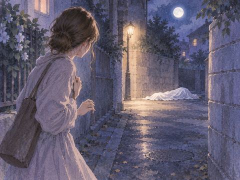 夜道の曲がり角で白布に包まれた人影を偶然見つける夢の場面