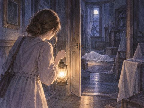 ランタンを手に夜の建物を探し、奥の白布に包まれた人影へたどり着く夢の場面