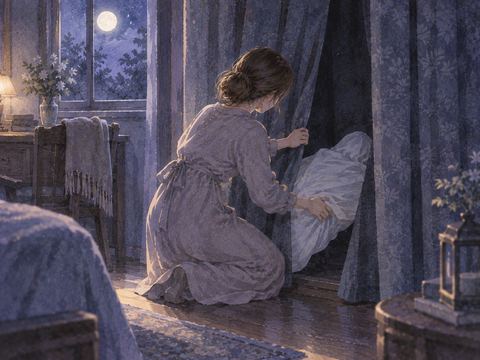 夜の部屋で白布に包まれた人型のものをカーテンの奥へ隠そうとする夢の場面