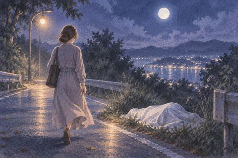 夜の道で白布に包まれた人型のものを遠くへ置いて立ち去ろうとする夢の場面