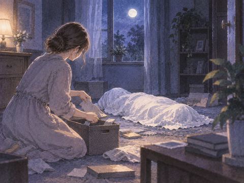 夜の部屋で白布に包まれた人型の周囲を静かに整える夢の場面